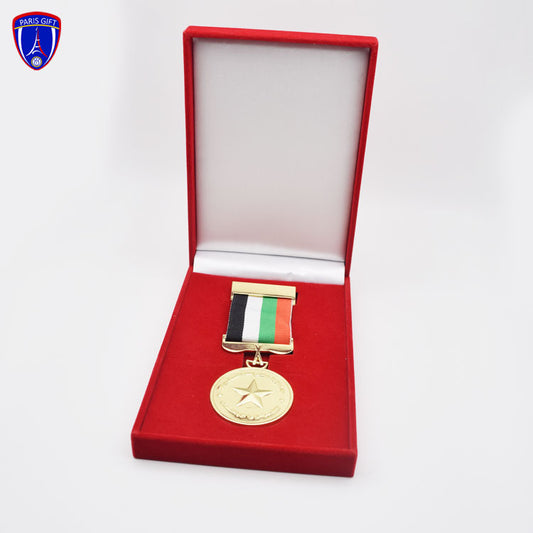 Luxury gold plated award medal with red velvet box