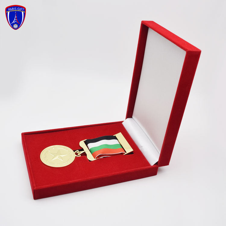 Luxury gold plated award medal with red velvet box