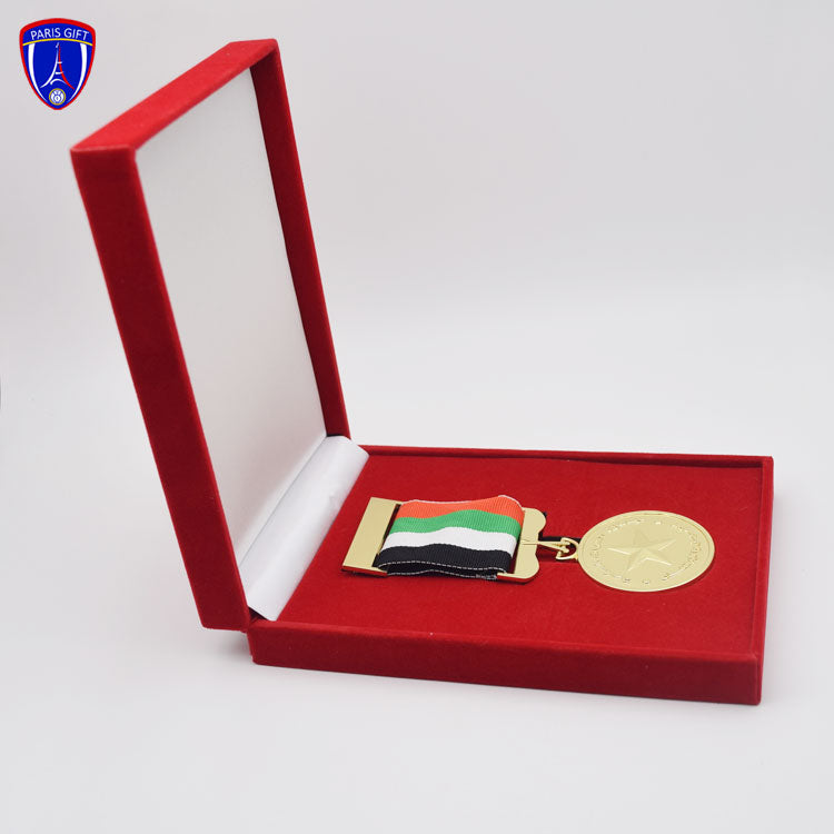 Luxury gold plated award medal with red velvet box