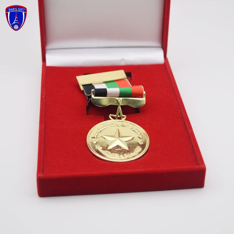 Luxury gold plated award medal with red velvet box